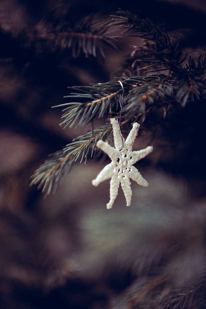 bílá háčkovaná vánoční ozdoba, hvězda, na stromě