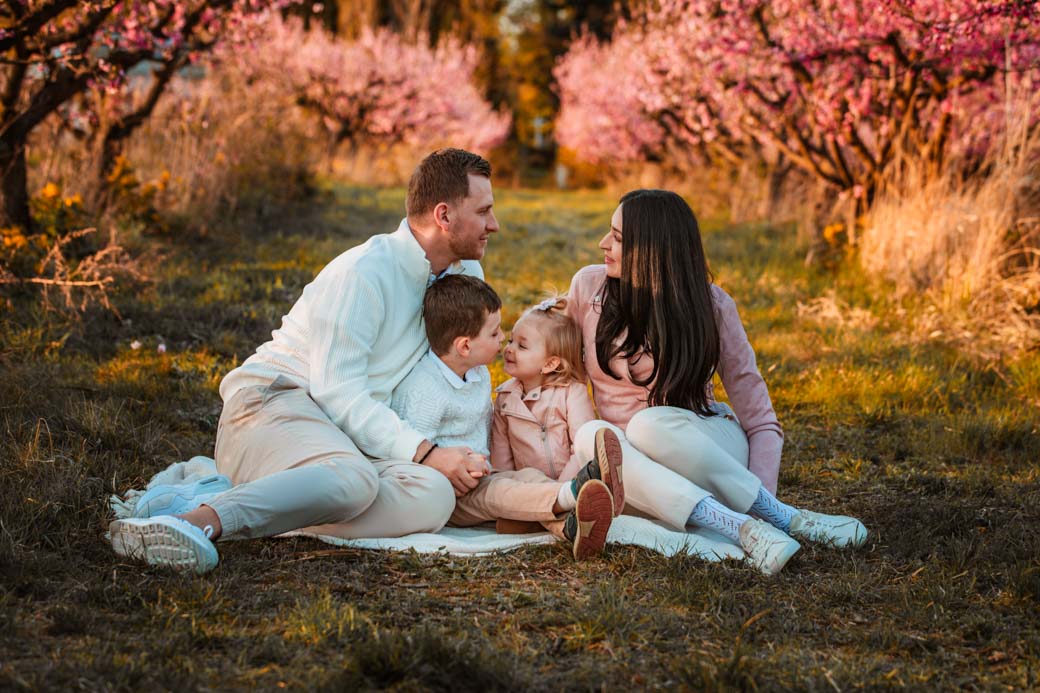 Rodinné focení v rozkvetlém broskvovém sadu v Brně